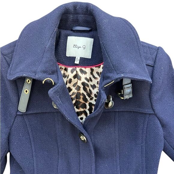 Eliza J Wool-Blend Coat - Navy, Size XS, Belted, Gold Buttons, Leopard Lining - Picture 2 of 13